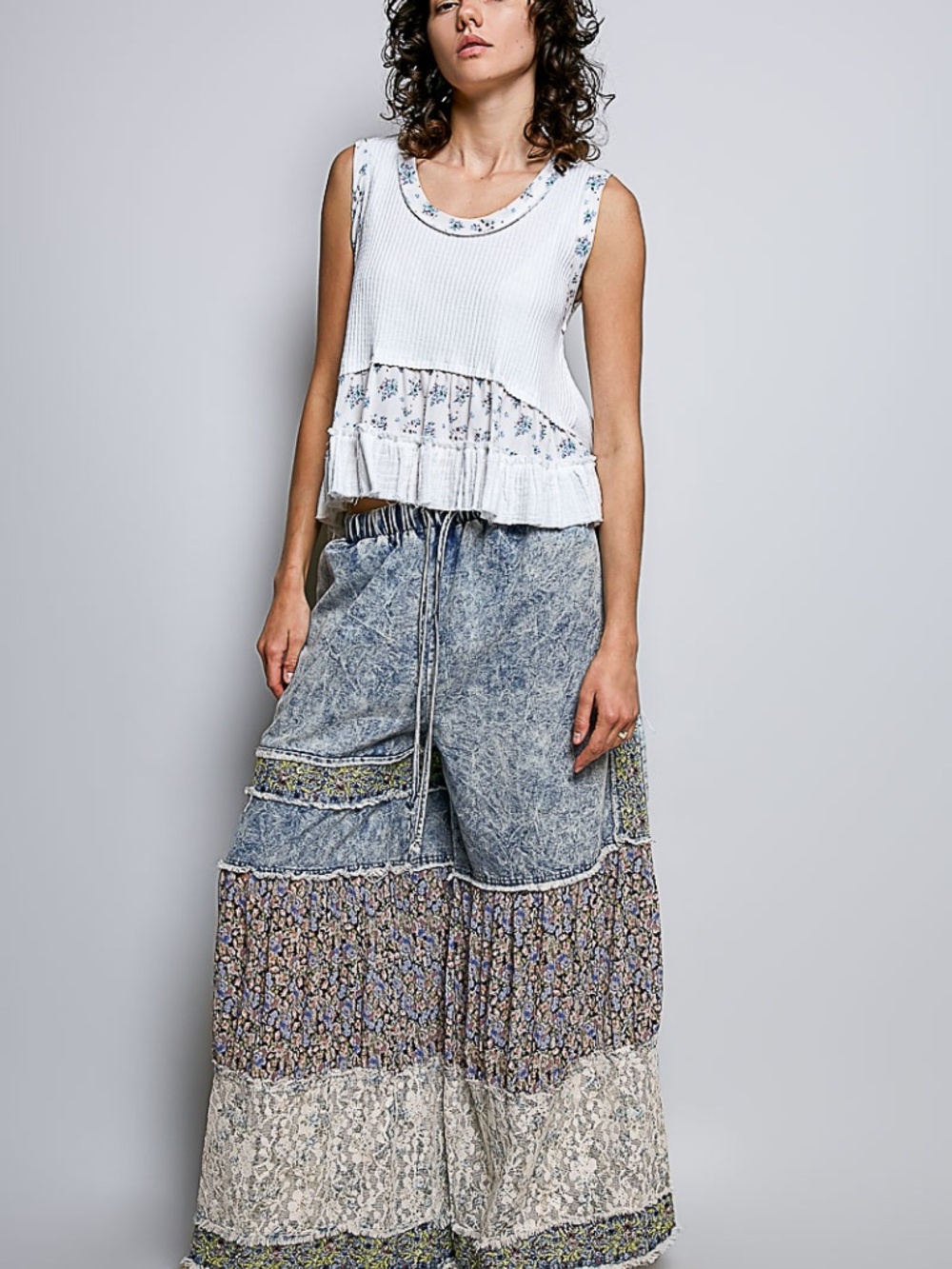  POL Mineral Wash Stretchy Waist Floral Print Ruffle Hem Wide leg Pants